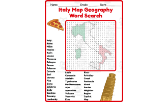 Italy Map Geography Word Search 2rd 3th 4th 5th Grade worksheet