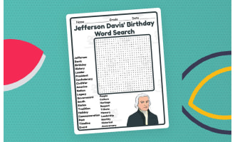 Jefferson Davis' Birthday Word Search 2nd 3rd 4th 5th Grade Worksheet
