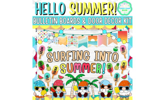 July & Summer Bulletin board And door Decor kit: Surfing into Summer!