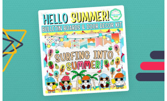 July & Summer Bulletin board And door Decor kit: Surfing into Summer!