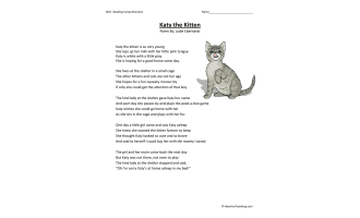 Katy the Kitten Reading Comprehension Worksheet