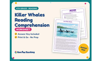 Killer Whales Reading Comprehension Worksheet – 4th Grade Animals