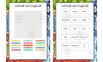 Latitude and Longitude word search, scramble and crossword puzzle