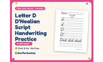 Letter D D’Nealian Script Handwriting Practice Worksheet – Alphabet