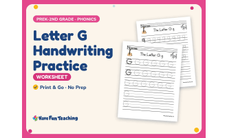 Letter G Handwriting Practice Worksheet – PreK-2nd Grade Alphabet