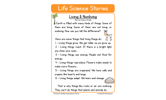 Living and Nonliving Life Science Reading Comprehension Worksheet