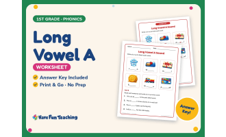 Long Vowel A Worksheet – 1st Grade Alphabet & Long Vowels Practice