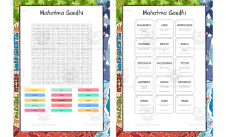 Mahatma Gandhi word search, scramble and crossword puzzle