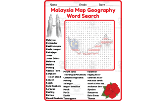 Malaysia map geography Word Search 2rd 3th 4th 5th Grade worksheet
