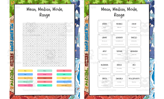 Mean Median Mode Range word search, scramble and crossword puzzle