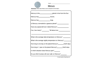 Mercury Planet Worksheet