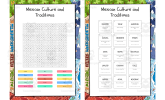 Mexican Culture and Traditions word search, scramble and crossword puz