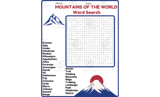 MOUNTAINS OF THE WORLD Geography Word Search Puzzle Worksheet Activity