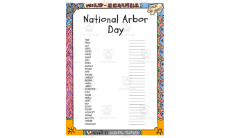 National Arbor Day word Scramble puzzle worksheet