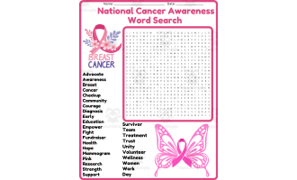 National Breast Cancer Awareness Month Word Search Puzzle Worksheet