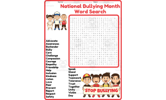 National Bullying Prevention Month Word Search Puzzle Worksheet