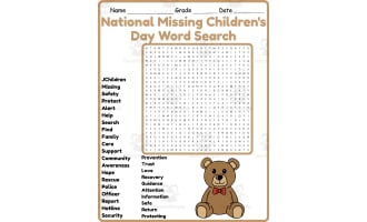 National Missing Children's Day Word Search 2nd 3rd 4th 5th Grade