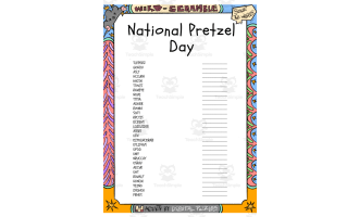 National Pretzel Day word Scramble puzzle worksheet
