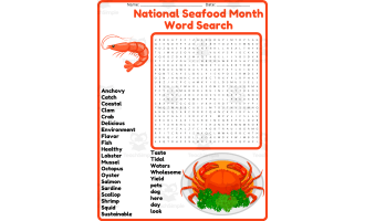 National Seafood Month Word Search Puzzle Worksheet Activities