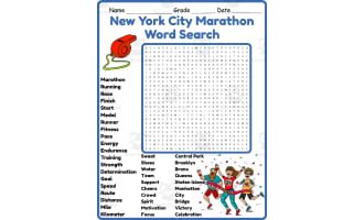New York City Marathon Word Search 2nd 3rd 4th 5th Grade worksheet