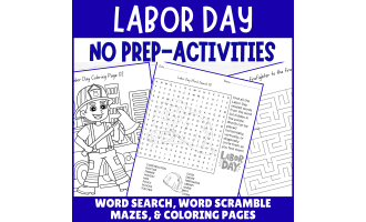 No Prep Labor Day Word Search, Word Scramble, Mazes and Coloring Page