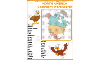 NORTH AMERICA Geography with Map Word Search Worksheet Activity