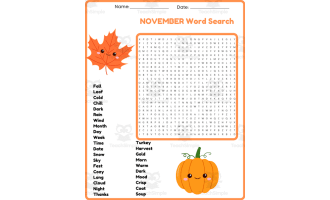 NOVEMBER No Prep Word Search Puzzle Worksheet Activity