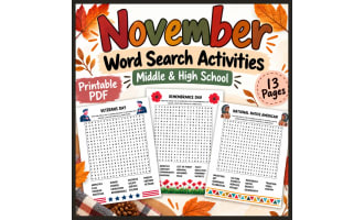 November Word Search Activities | 10 Themed Puzzles | Middle & High Sc