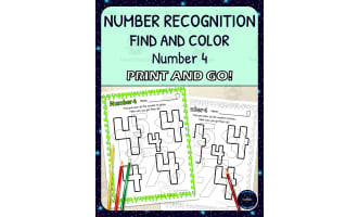 Number Recognition Worksheets - Number 4 - Find and Color Activities - Printable