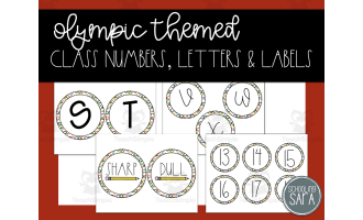 Olympic Themed Class Numbers, Word Wall Letters, and Sharp/Dull Labels