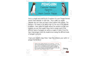 Penguin Calendar Number Squares & Math Center Pieces