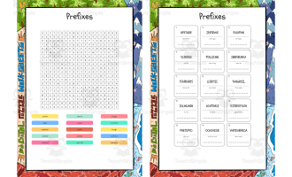Prefixes word search, scramble and crossword puzzle