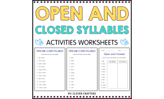 Printable Open and Closed Syllables Grammar Worksheets for Grade 1, 2