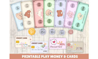 Printable pretend money, coins and card