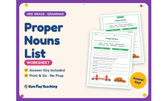 Proper Nouns List Worksheet – 3rd Grade Grammar Practice + Answer Key