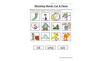 Rhyming Words -ick, -ock, -ump Cut and Paste Worksheet