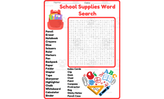 School Supplies Word Search – Puzzle Worksheet