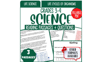 Science Reading Comprehension: Life Cycles of Organisms (Fillable PDF)