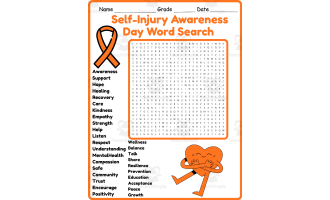 Self-Injury Awareness Day Word Search 2nd, 3rd, 4th & 5th Grade