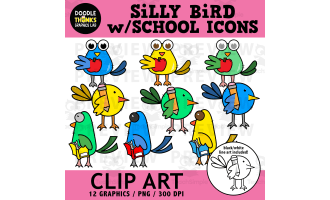 Silly Bird Clip Art Graphics with School Icons | Cute Illustrations