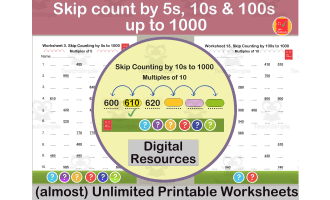 Skip counting by 5, 10 & 100 up to 1000 Worksheets + more