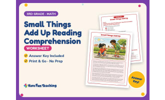 Small Things Add Up Reading Comprehension Worksheet – 3rd Grade Money