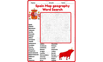 Spain Map geography Word Search 2rd 3th 4th 5th Grade worksheet