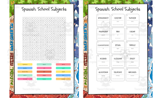 Spanish School Subjects word search, scramble and crossword puzzle