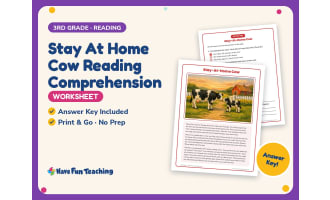 Stay At Home Cow Reading Comprehension Worksheet – 3rd Grade Animals