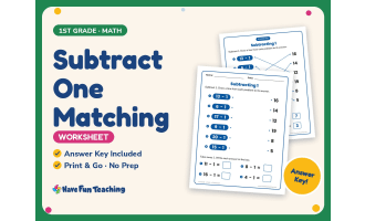 Subtract One Matching Worksheet – 1st Grade Subtraction Practice