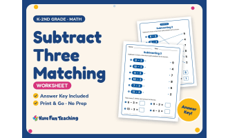 Subtract Three Matching Worksheet – K-2nd Grade Subtraction Practice