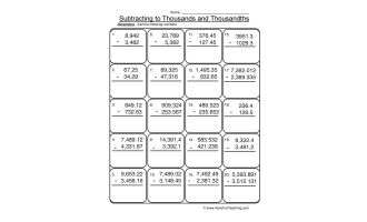 Subtracting Thousands Thousandths Worksheet
