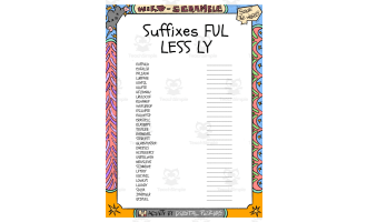 Suffixes FUL LESS LY word Scramble puzzle worksheet