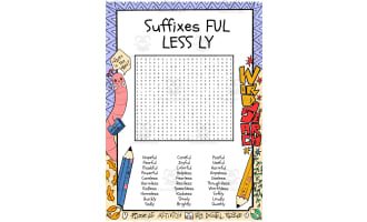 Suffixes FUL LESS LY word search puzzle worksheet activity